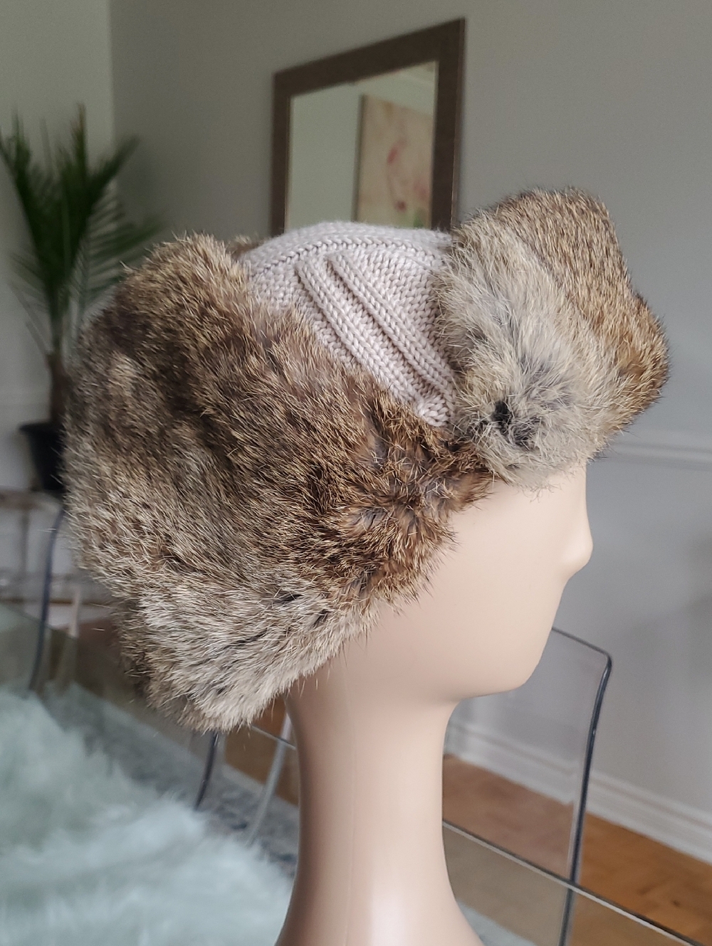 Real Rabbit Fur Cable Knit Trapper Hat - Picture 7 of 11